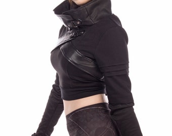 Plutonium, cyberpunk, anime inspired cropped jacket with cowl neckline by Plastik Wrap.