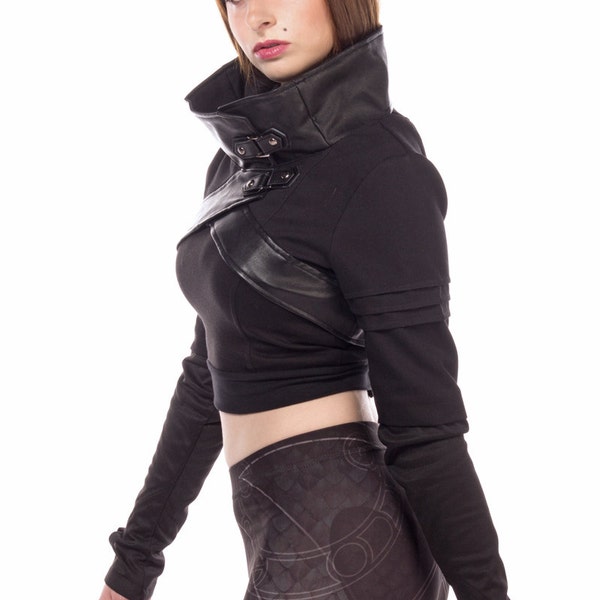 SECOND quality, on SALE, Plutonium, cyberpunk, anime inspired cropped jacket with cowl neckline by Plastik Wrap.