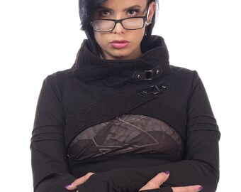 Plutonium, avant garde anime inspired cropped top, jacket with cowl neckline by Plastik Wrap.