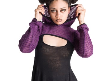 Purple, cyberpunk soft cropped shrug hoody with long sleeves from Plastik Wrap.