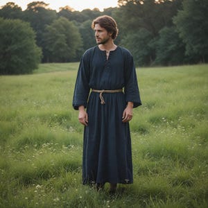 Rustic Medieval Peasant Tunic Simple Navy Blue Robe With Rope Belt rustic-medieval-peasant-tunic-simple-navy-blue-robe-with-rope-belt