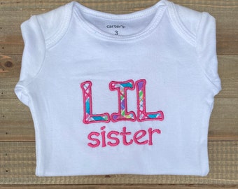 Lil Sister onesie, plaid, made to order