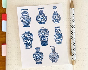 Blue Pottery Stickers, Porcelain Stickers, Blue Vase Stickers, Porcelain Tea Stickers, Pottery Journal Stickers, Pottery Scrapbook Stickers