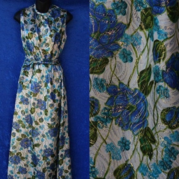 Vintage 60s 1960s Floral Gold Lame Mod Maxi Hawaiian Dress Play Suit Sleeveless
