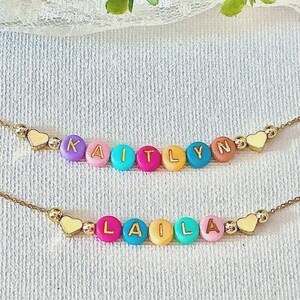 Personalized Beaded Name Necklace For Girls, 14k Gold Hearts, Custom Kids Jewelry