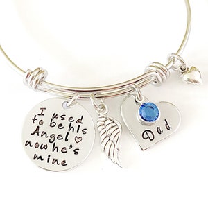 Memorial Bangle Bracelet, Memory of Dad Remembrance, Angel Wing & Birthstone, Charm Bangle