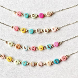 Bright Color Beads Name Necklace, Girls Custom Name Necklace, Beaded Name Necklace, Dainty Gold Name Beads, Kids Jewelry, Stocking Stuffer image 2