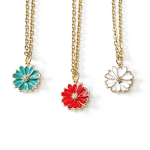 Gold Daisy Necklace, Daisy Flower Pendant, Minimalist Choker, Gift for Daughter, White Daisy Pendant, Red Daisy Charm, Teal Daisy Necklace