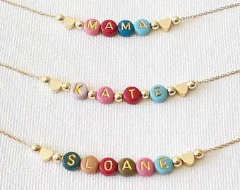 Colorful Beads Name Necklace, Mama Necklace, Gift for Mom, Dainty Gold Name Beads, Gift for Daughter, Grandma Gift, Color Beads choker