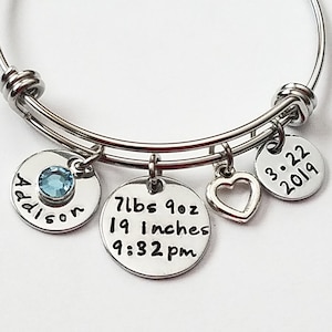 Baby Name Bracelet, New Mothers Day Jewelry, Baby Birth Stats Bangle, Mothers Bracelet, Personalized Gift for Mom, Push Gift for new mom