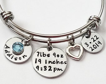 Baby Name Bracelet, New Mothers Day Jewelry, Baby Birth Stats Bangle, Mothers Bracelet, Personalized Gift for Mom, Push Gift for new mom