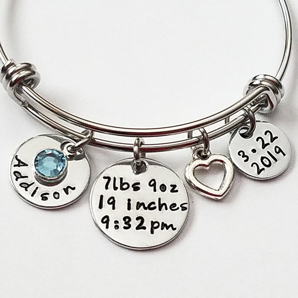 Baby Name Bracelet, New Mothers Day Jewelry, Baby Birth Stats Bangle, Mothers Bracelet, Personalized Gift for Mom, Push Gift for new mom