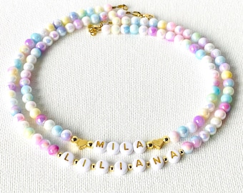 Toddler Girls Name Necklace, Birthday Gift for Kids, Pastel Pearl Necklace