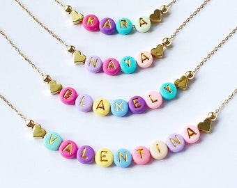 Bright Colorful Beads Name Necklace, Girls Easter Gift, Toddlers Name Necklace, Kids Custom Name Necklace, Gold Heart Little Girls Jewelry