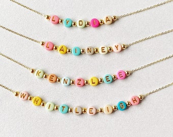 Bright Color Beads Name Necklace, Girls Custom Name Necklace, Beaded Name Necklace, Dainty Gold Name Beads, Kids Jewelry, Stocking Stuffer