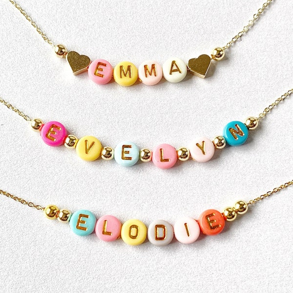 Bright Colorful Beads Name Necklace, Dainty Gold Name Beads, Beaded Gold Heart Name Necklace, Kids Gold Name Necklace, Kids Party Favors