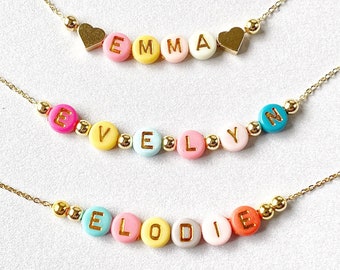 Bright Colorful Beads Name Necklace, Dainty Gold Name Beads, Beaded Gold Heart Name Necklace, Kids Gold Name Necklace, Kids Party Favors