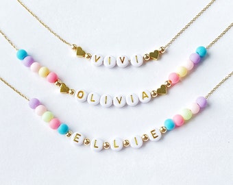 Little Girls Name Necklace, Bright Color Beads Gold Name Necklace, Colorful Name Necklace for Girls, Personalized Name Necklace for Girls