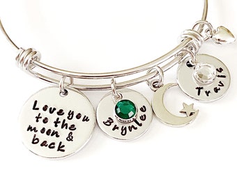Love You To The Moon And Back Bracelet, Daughter Gift, Birthday Gift for Daughter,  Personalized Charm Bangle, Grandma Gift, Mom Gift