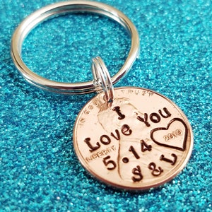 Boyfriend Gift , I Love You, Penny Keychain, Hand Stamped Penny, Personalized Penny, Anniversary Gift, Husband Anniversary Gift