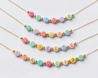 Collier prénom pour enfant, collier en or avec perles de couleurs vives pour fille, collier de perles personnalisé pour fille, perles prénom en or délicates, collier petite fille