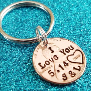 Boyfriend Gift , I Love You, Penny Keychain, Hand Stamped Penny, Personalized Penny, Anniversary Gift, Husband Anniversary Gift image 2