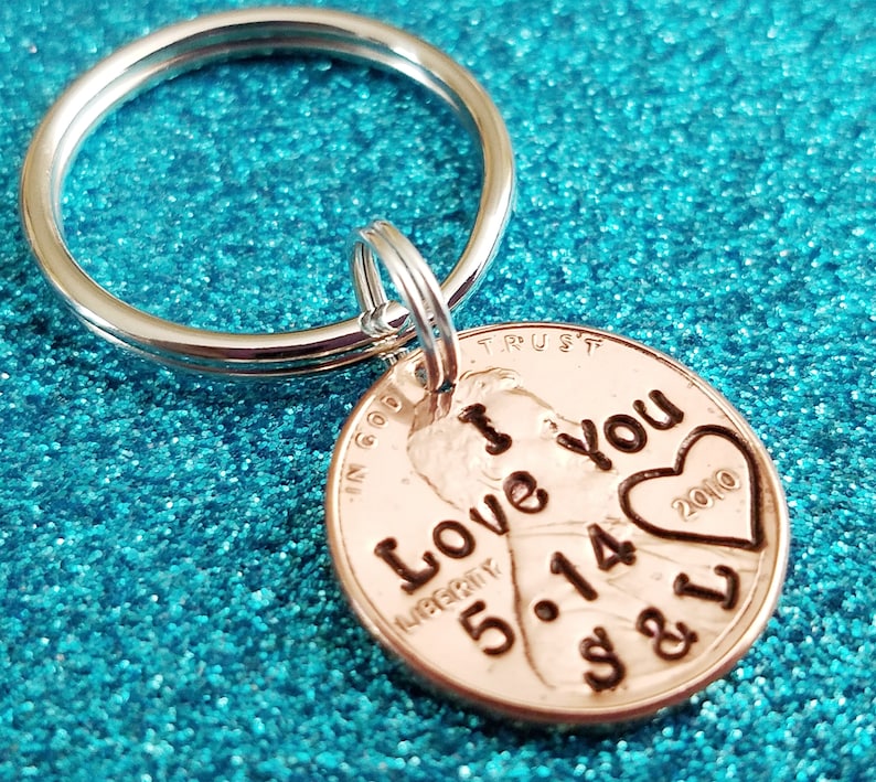 Boyfriend Gift , I Love You, Penny Keychain, Hand Stamped Penny, Personalized Penny, Anniversary Gift, Husband Anniversary Gift image 2