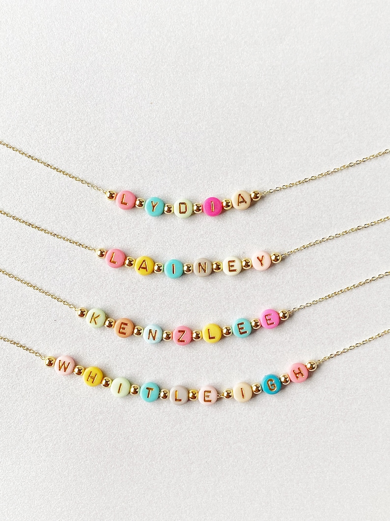 Bright Color Beads Name Necklace, Girls Custom Name Necklace, Beaded Name Necklace, Dainty Gold Name Beads, Kids Jewelry, Stocking Stuffer image 7