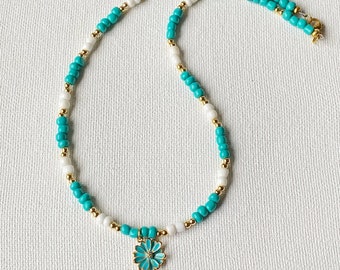 Turquoise and White Seed Bead Necklace, Seed Bead Choker, Beaded Necklace, Women Necklaces, Gift for Best Friend, Mom Gift, Vacation Jewelry