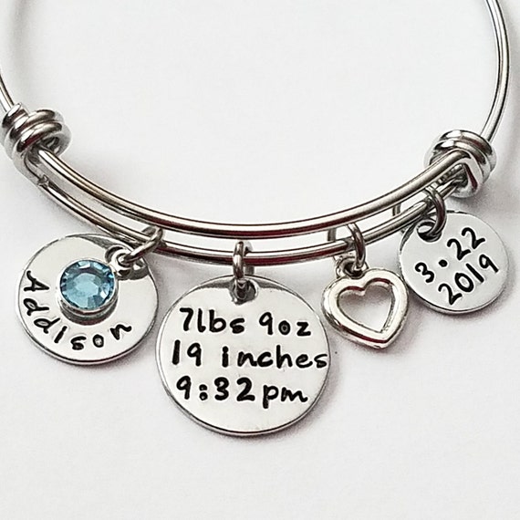 Baby Name Bracelet, New Mothers Day Jewelry, Baby Birth Stats Bangle, Mothers Bracelet, Personalized Gift for Mom, Push Gift for new mom