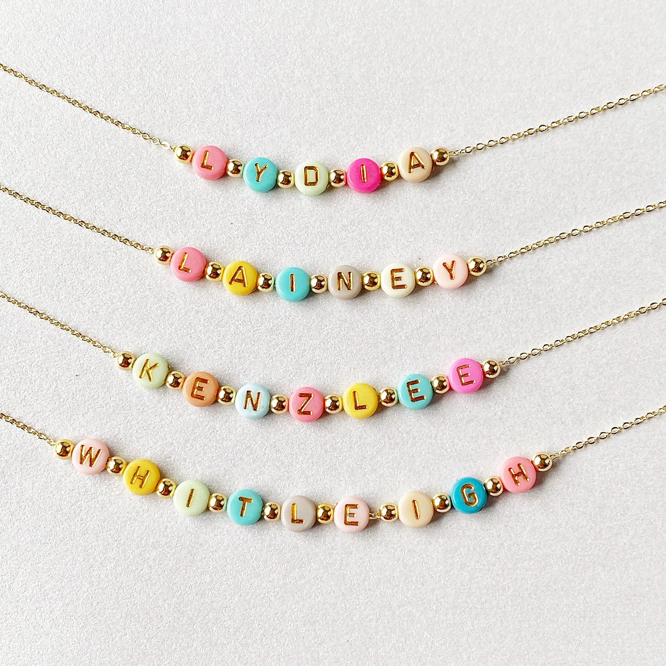 Bright Color Beads Name Necklace, Girls Custom Name Necklace, Beaded Name Necklace, Dainty Gold Name Beads, Kids Jewelry, Stocking Stuffer
