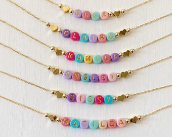 Bright Color Beads Name Necklace, Girls Custom Name Necklace, Beaded Name Necklace, Dainty Gold Name Beads, Kids Necklace, Gift for Daughter