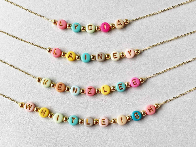 Bright Color Beads Name Necklace, Girls Custom Name Necklace, Beaded Name Necklace, Dainty Gold Name Beads, Kids Jewelry, Stocking Stuffer zdjęcie 8