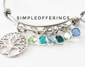 Family Birthstone Bangle Bracelet: Silver Family Tree Charm