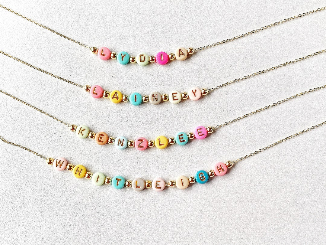 Bright Color Beads Name Necklace, Girls Custom Name Necklace, Beaded