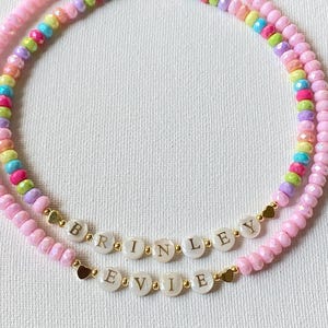 Toddler Girls Name Necklace, Custom Kids Necklace, Mother of Pearl Gold Letter Beads, Colorful Beaded Name Necklace, Birthday gift for Girls