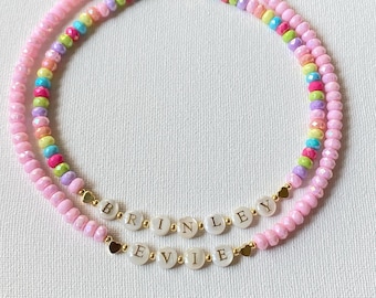 Toddler Girls Name Necklace, Custom Kids Necklace, Mother of Pearl Gold Letter Beads, Colorful Beaded Name Necklace, Birthday gift for Girls