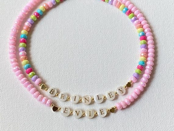Toddler Girls Name Necklace, Custom Kids Necklace, Mother of Pearl Gold Letter Beads, Colorful Beaded Name Necklace, Birthday gift for Girls