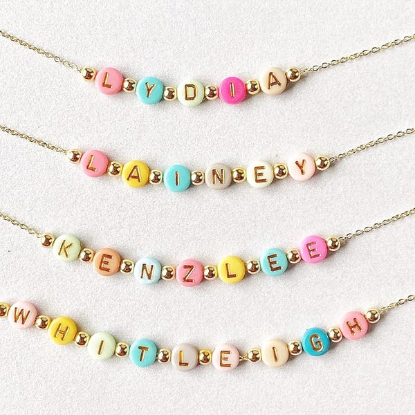 Bright Color Beads Name Necklace, Girls Custom Name Necklace, Beaded Name Necklace, Dainty Gold Name Beads, Kids Jewelry, Stocking Stuffer