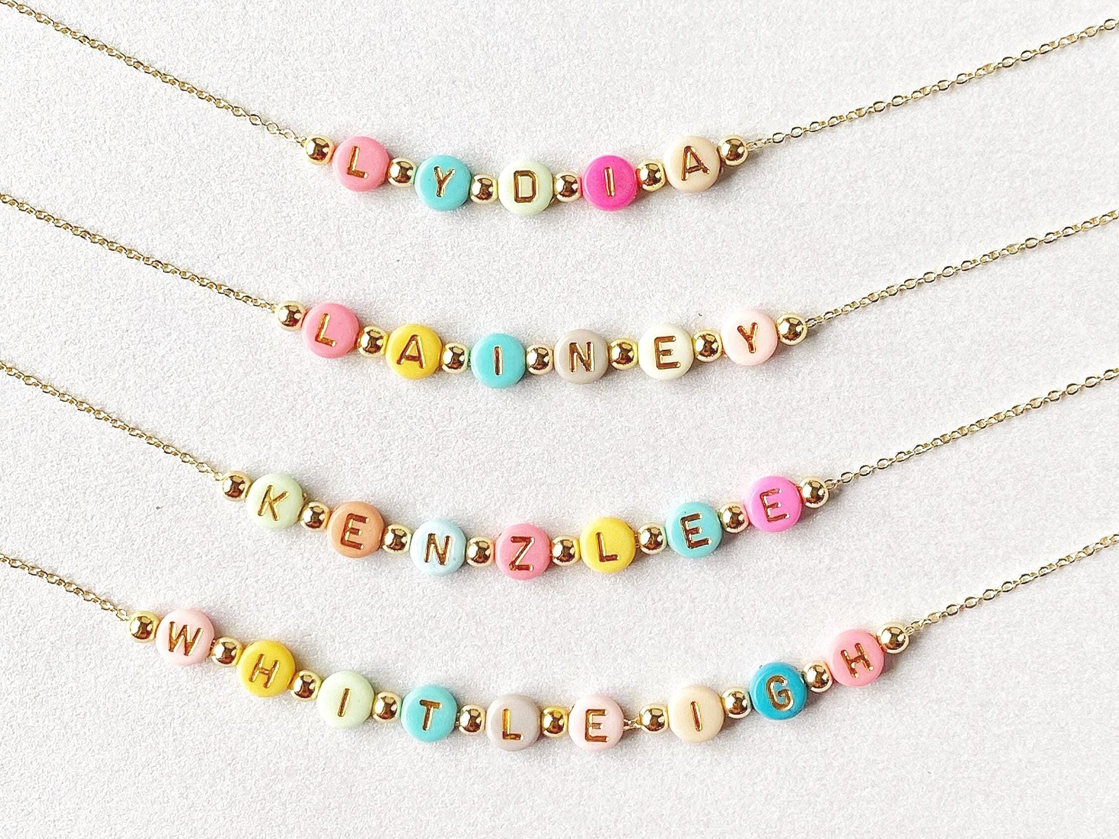 Bright Color Beads Name Necklace, Girls Custom Name Necklace, Beaded Name Necklace, Dainty Gold Name Beads, Kids Jewelry, Stocking Stuffer