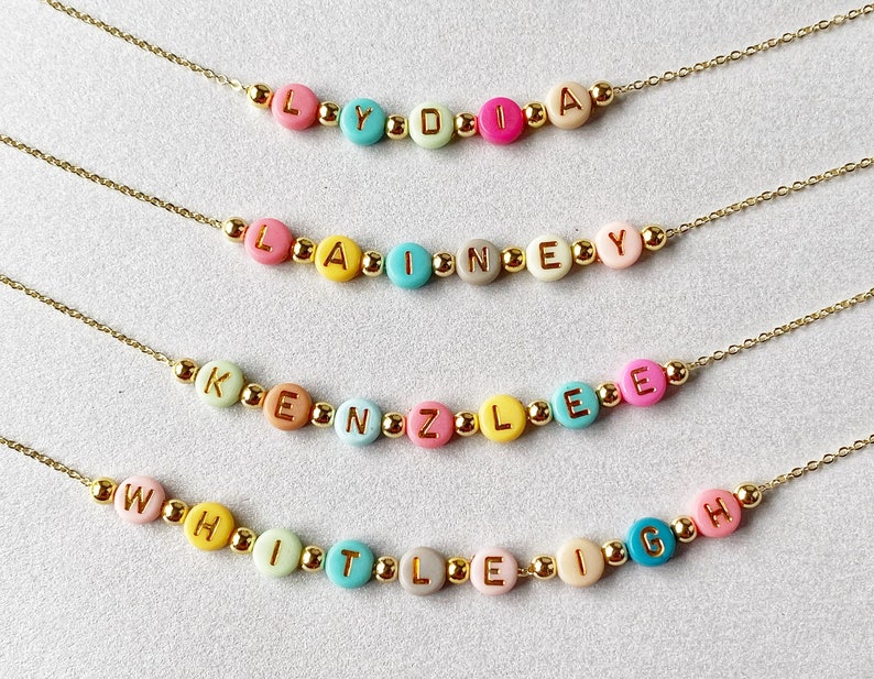 Bright Color Beads Name Necklace, Girls Custom Name Necklace, Beaded Name Necklace, Dainty Gold Name Beads, Kids Jewelry, Stocking Stuffer image 5
