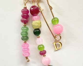 Pink Green Gemstone Beaded Bag Charm Keychain, Gold Accents, Personalized Initial, Flower Charm