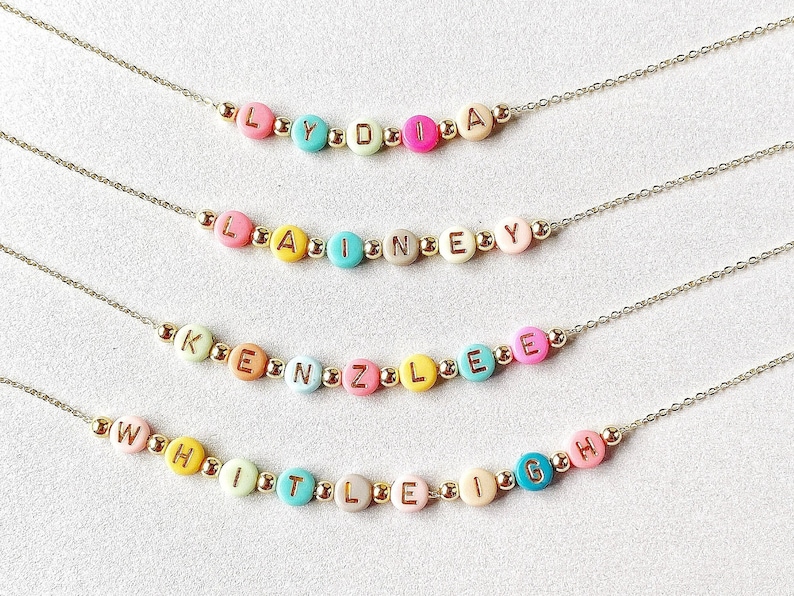 Bright Color Beads Name Necklace, Girls Custom Name Necklace, Beaded Name Necklace, Dainty Gold Name Beads, Kids Jewelry, Stocking Stuffer image 2