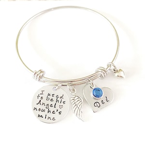 Memorial Bangle Bracelet, Memory of Dad Remembrance, Angel Wing & Birthstone, Charm Bangle image 1