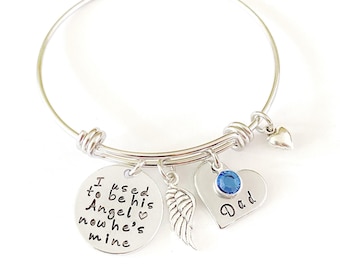 Memorial Bangle Bracelet, Memory of Dad Remembrance, Angel Wing & Birthstone, Charm Bangle