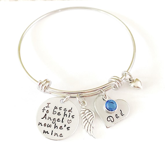 Memorial Bangle Bracelet, Memory of Dad Remembrance, Angel Wing & Birthstone, Charm Bangle