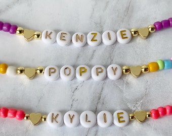 Bright Color Name Beads Necklace, Colorful Beads Choker, Dainty Gold Heart Beads, Custom Kids Necklace, Stocking Stuffer Gift for Girls