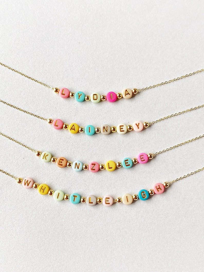 Bright Color Beads Name Necklace, Girls Custom Name Necklace, Beaded Name Necklace, Dainty Gold Name Beads, Kids Jewelry, Stocking Stuffer image 1