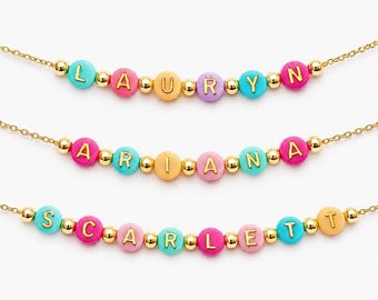 Kids Gift Name Necklace, Dainty Gold Name Beads, Girls Gift