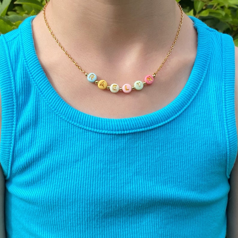 Bright Color Beads Name Necklace, Girls Custom Name Necklace, Beaded Name Necklace, Dainty Gold Name Beads, Kids Jewelry, Stocking Stuffer